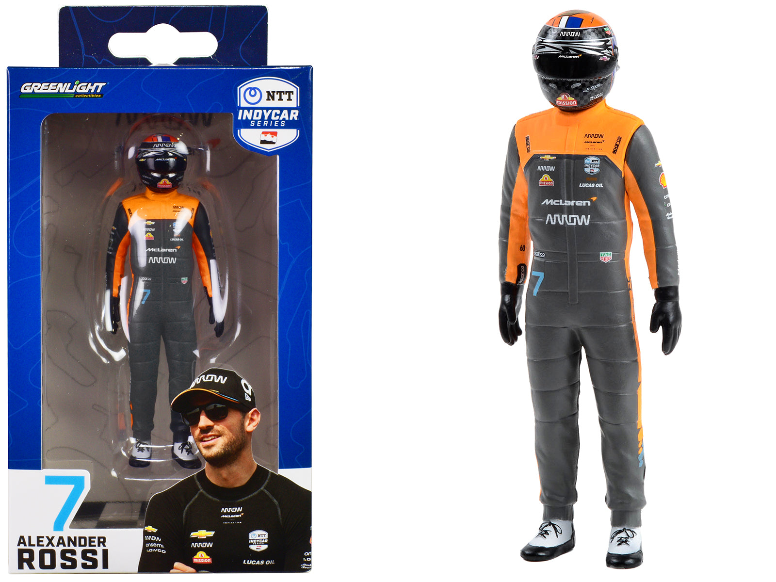 Brand new 1/18 scale of "NTT IndyCar Series" #7 Alexander Rossi Driver Figure "McLaren - Arrow McLaren" for 1/18 scale models by Greenlight.