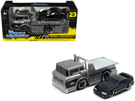 Brand new 1/64 scale diecast models of 1966 Ford C600 Flatbed Truck Gray Metallic and 1993 Ford Mustang SVT Cobra Black 