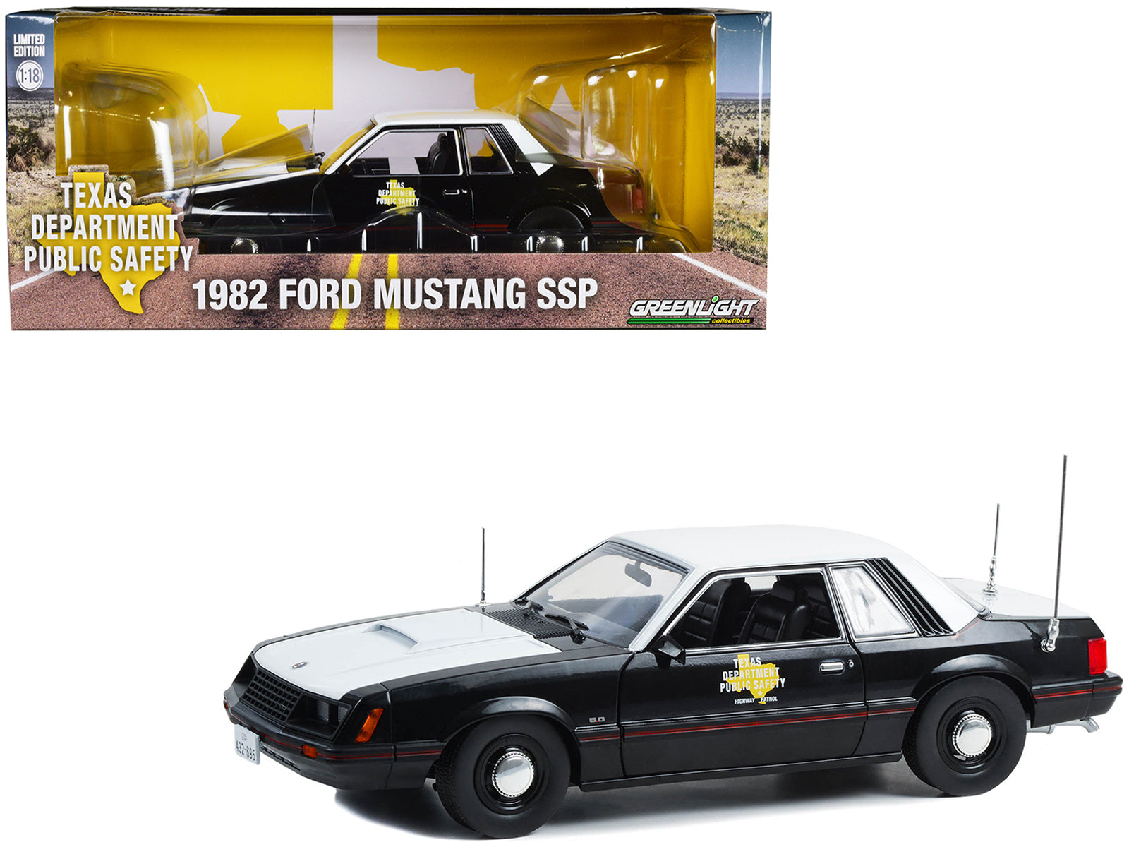 Brand new 1/18 scale diecast car model of 1982 Ford Mustang SSP Black and White Texas Department of Public Safety die cast model car by Gree