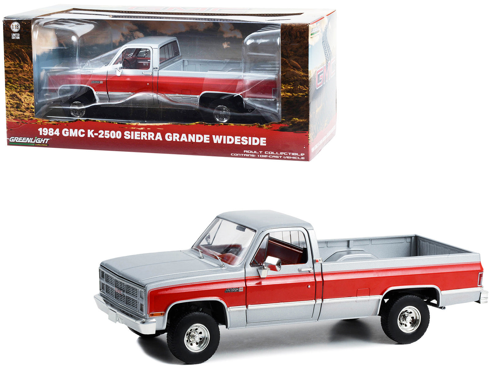 Brand new 1/18 scale diecast car model of 1984 GMC K-2500 Sierra Grande Wideside Pickup Truck Silver Metallic and Red with Red Interior die 