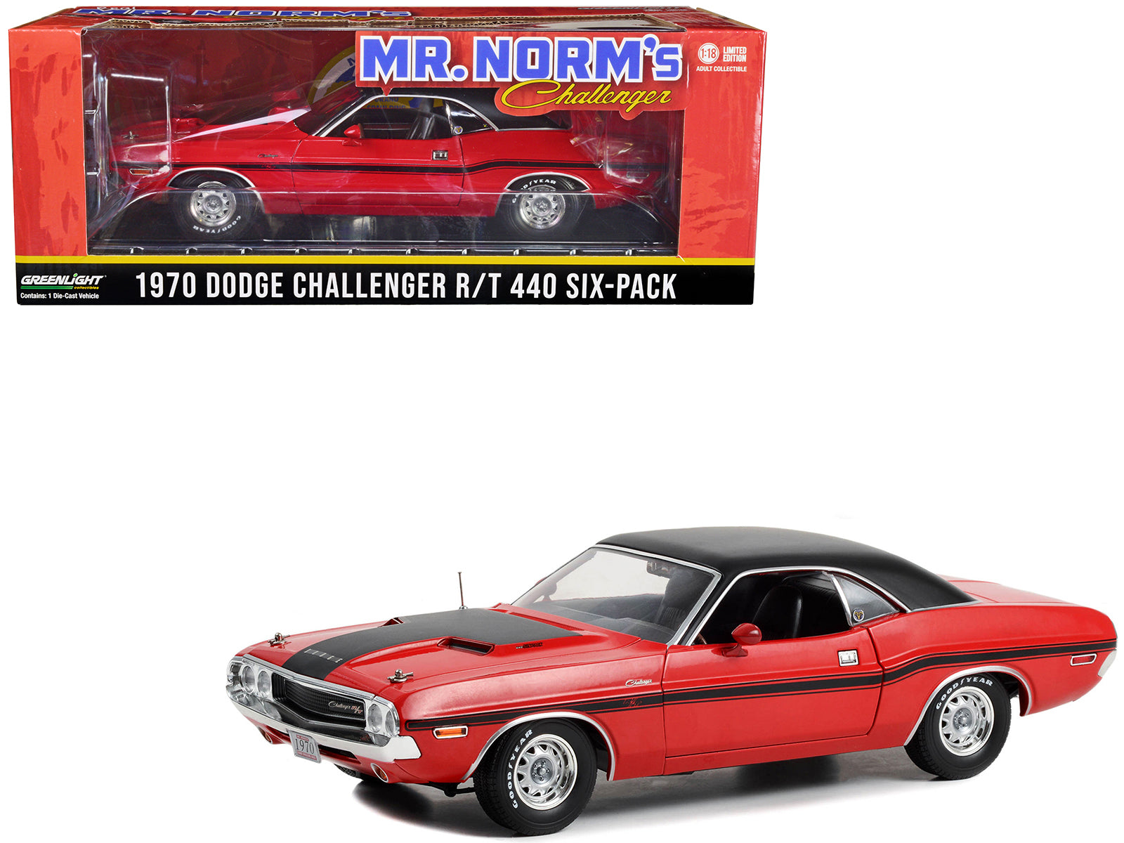 Brand new 1/18 scale diecast car model of 1970 Dodge Challenger R/T 440 Six-Pack Red with Black Stripes and Top Real Mr. Norm's Challenger -