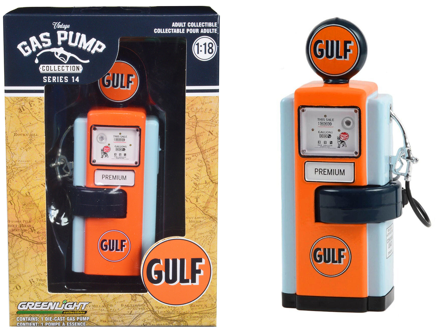 Brand new 1/18 scale diecast replica of 1948 Wayne 100-A Gas Pump "Gulf Oil" Orange and Light Blue "Vintage Gas Pumps" Series 14 die cast r