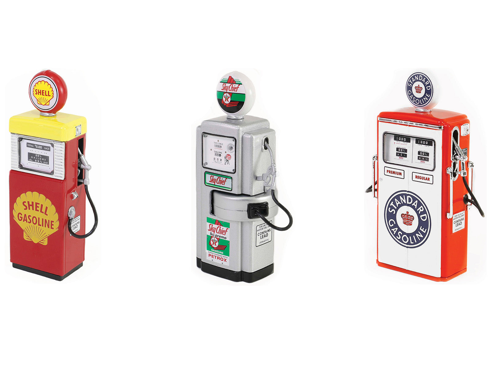 Brand new 1/18 scale diecast replica of "Vintage Gas Pump" Set of 3 Pumps Series 15 die cast models by Greenlight.
Limit