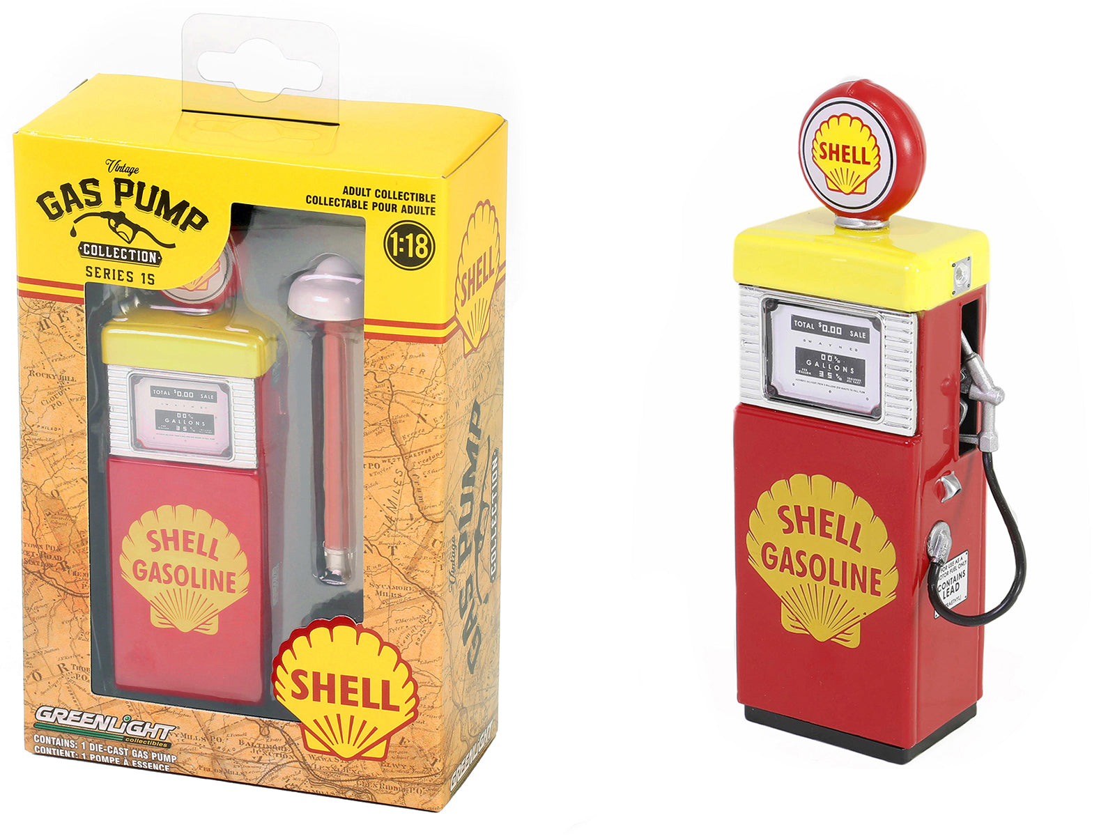 Brand new 1/18 scale diecast replica of 1951 Wayne 505 Gas Pump "Shell Gasoline" Red and Yellow "Vintage Gas Pumps" Seri