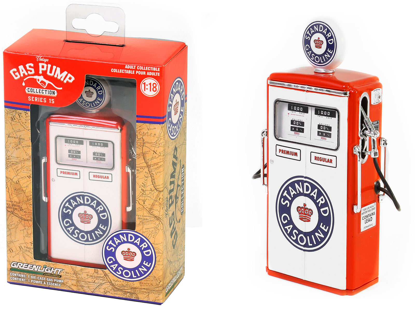 Brand new 1/18 scale diecast replica of 1954 Tokheim 350 Twin Gas Pump "Standard Gasoline" White and Red "Vintage Gas Pu