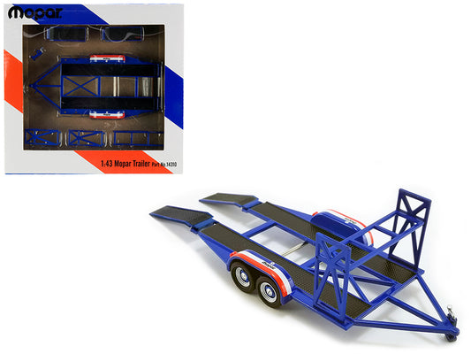 Brand new 1/43 scale diecast model of Tandem Car Trailer with Tire Rack Blue "Mopar" for 1/43 scale model cars by GMP.
