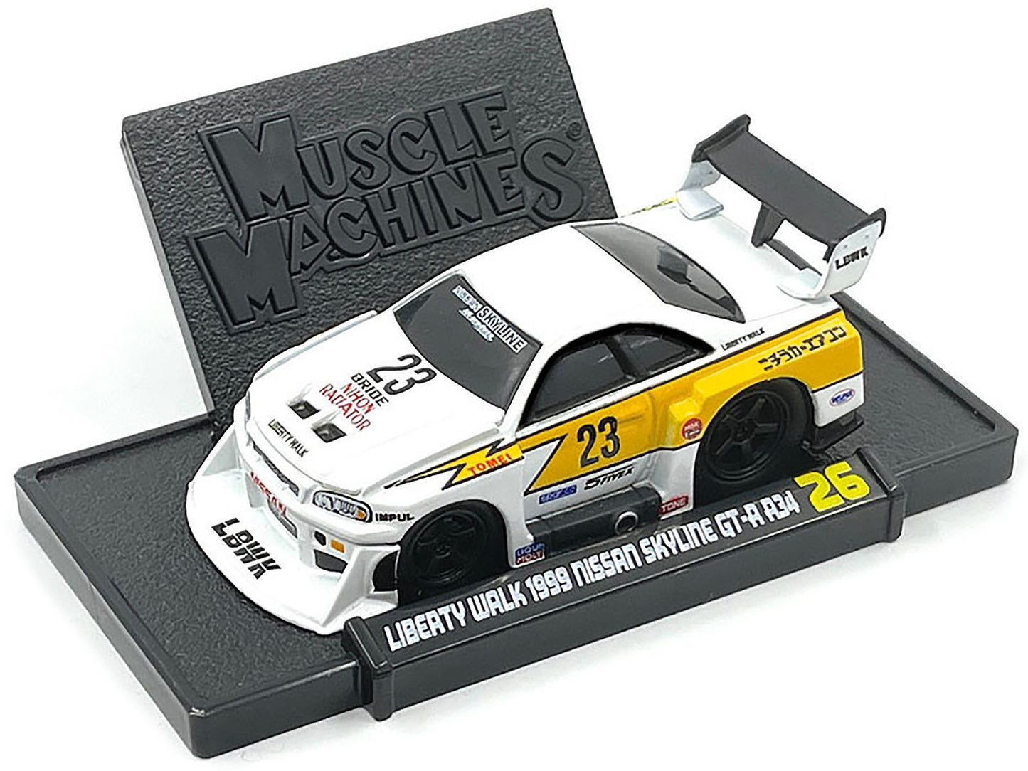 Brand new 1/64 scale diecast car model of 1999 Nissan Skyline GT-R R34 Super Silhouette #23 White with Graphics "Liberty