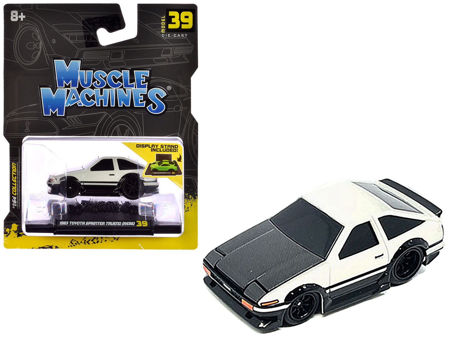 Brand new 1/64 scale diecast car model of 1983 Toyota Sprinter Trueno (AE86) White with Carbon Hood die cast model car b