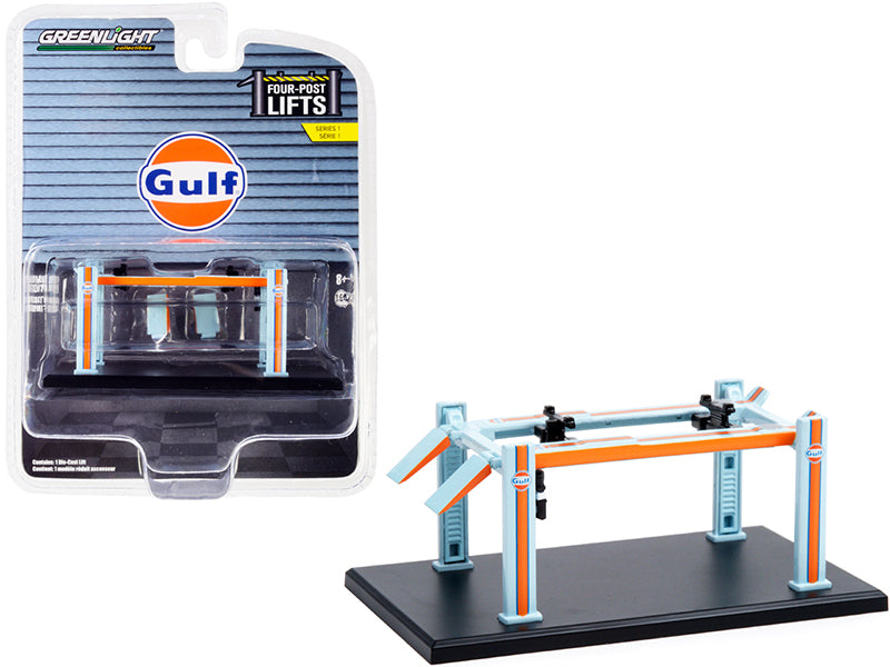 Adjustable Four Post Lift Blue Diecast Model Automotive Lift Gulf Oil