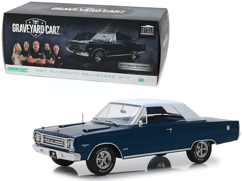 Brand new 1/18 scale diecast car model of 1967 Plymouth Belvedere GTX Convertible Dark Blue Graveyard Carz 2012 TV Series die cast model car