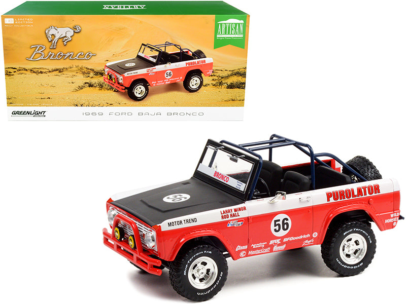 Brand new 1/18 scale diecast car model of 1969 Ford Baja Bronco #56 Purolator Tribute Edition Artisan Collection die cast model car by Green