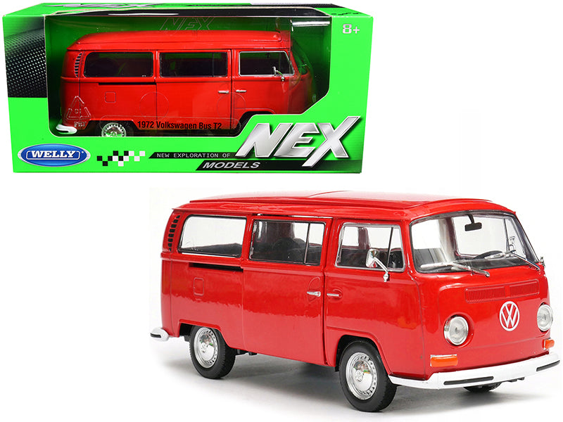 Brand new 1/24 scale diecast model of 1972 Volkswagen T2 Bus Van Red die cast model by Welly.
Brand new box.
Real rubber tires.
Detailed 