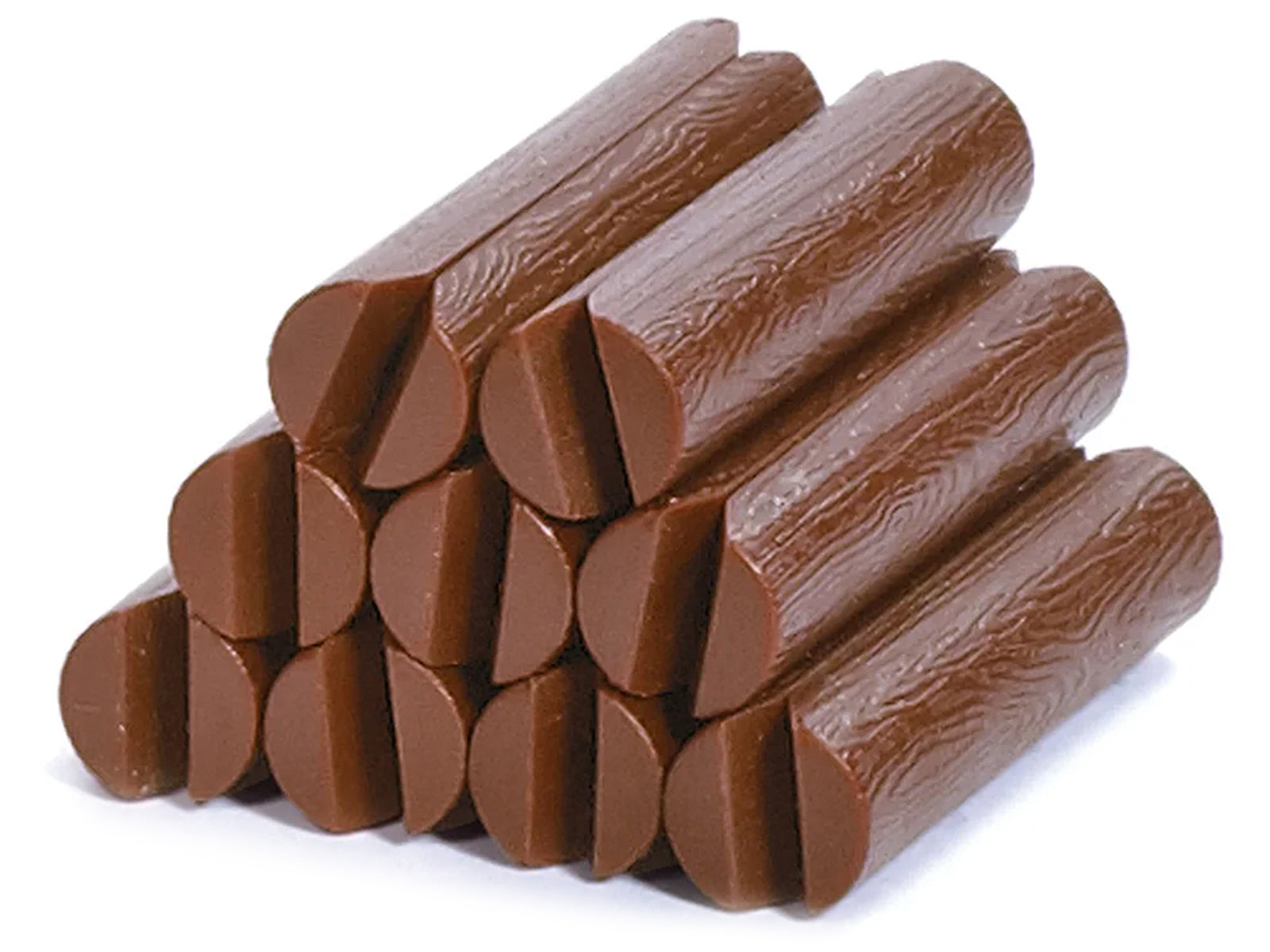 A pile of nine brown plastic logs for scale model sets