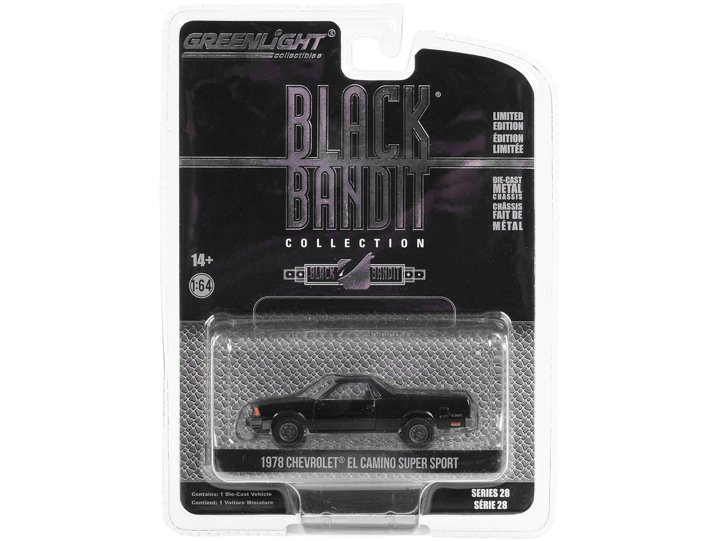 Brand new 1/64 scale diecast car model of 1978 Chevrolet El Camino Super Sport Black Black Bandit Series 28 die cast model car by Greenlight