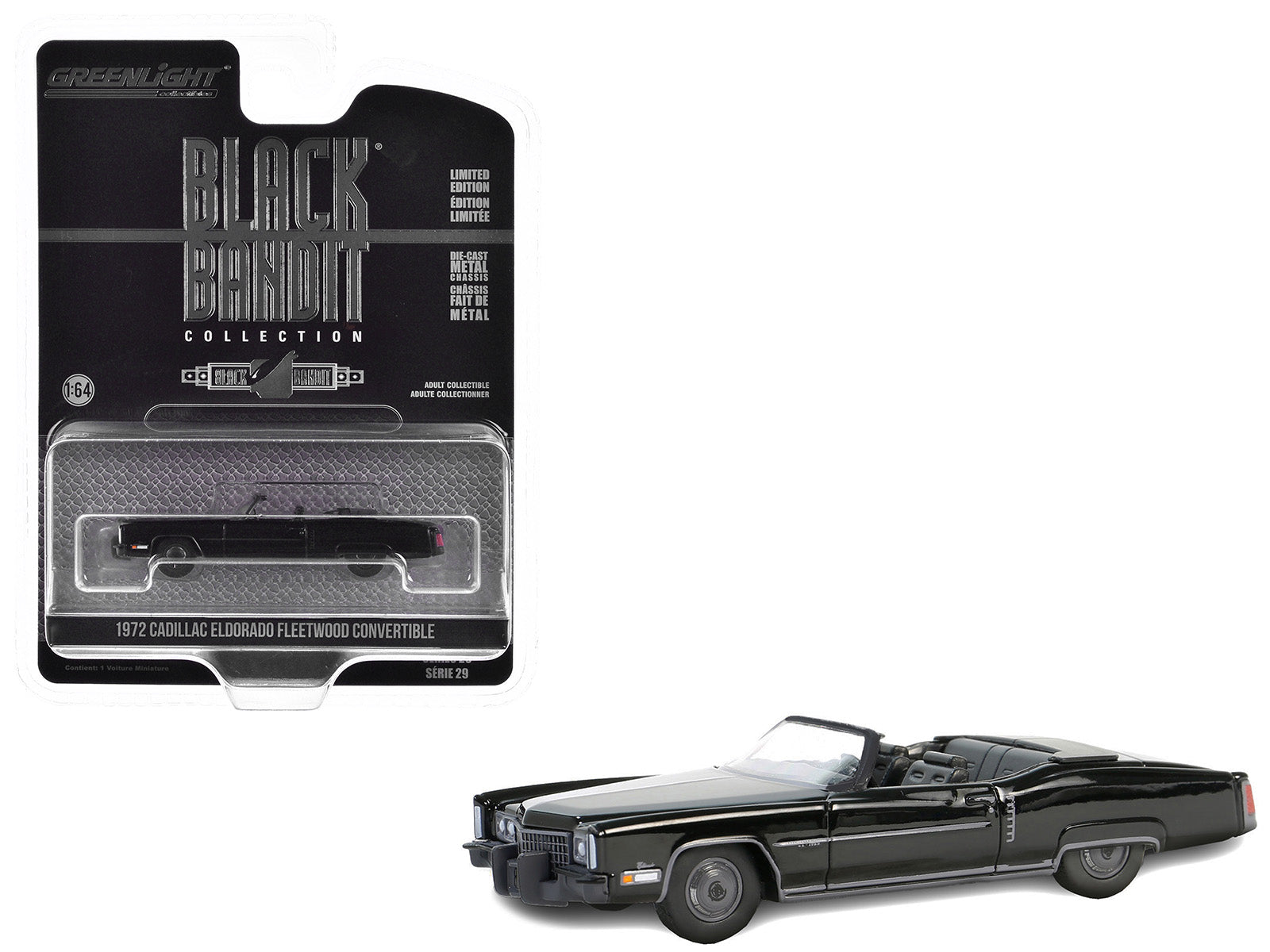 Brand new 1/64 scale diecast car model of 1972 Cadillac Eldorado Fleetwood Convertible Black "Black Bandit" Series 29 di