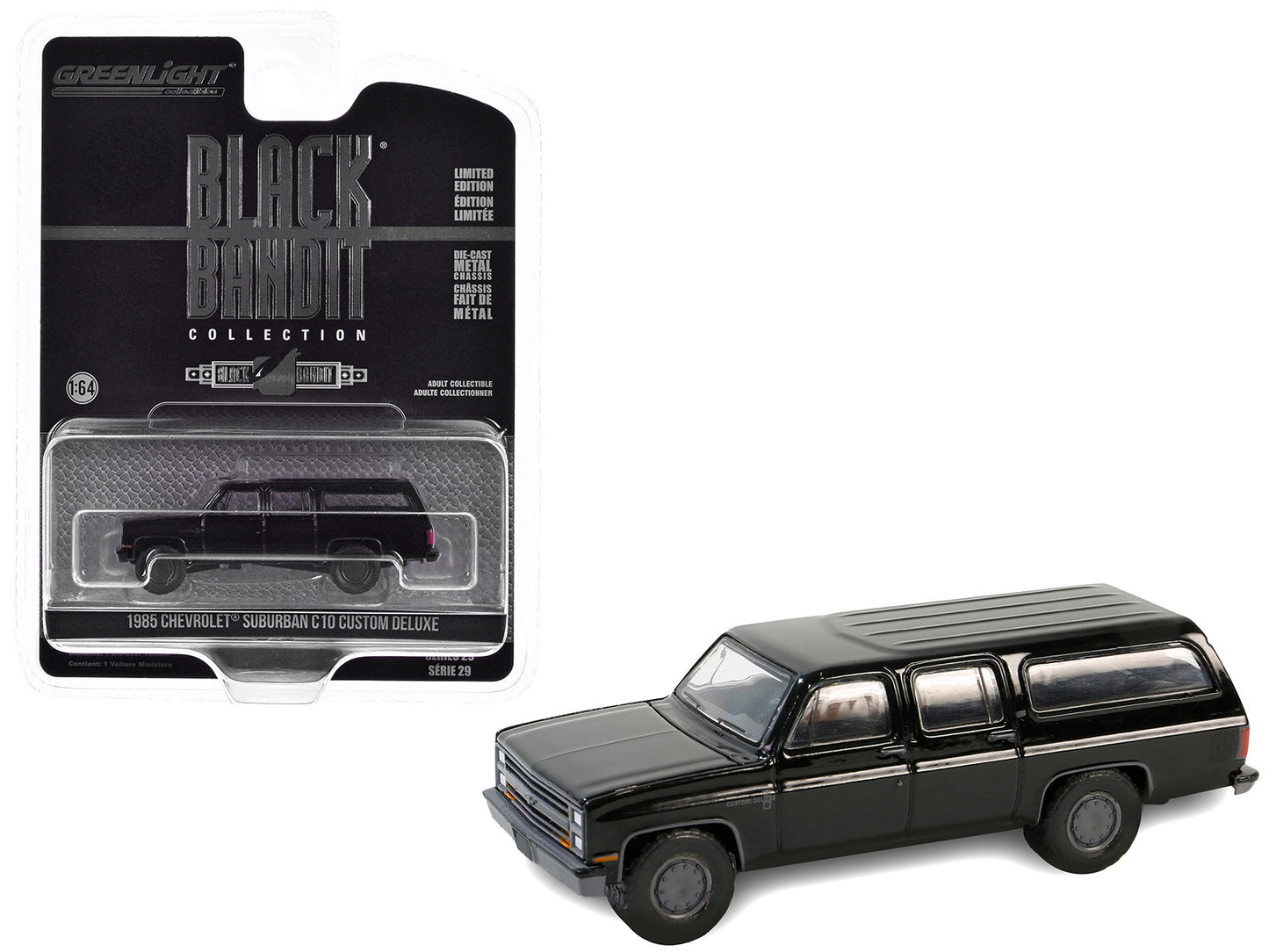 Brand new 1/64 scale diecast car model of 1985 Chevrolet Suburban C10 Custom Deluxe Black "Black Bandit" Series 29 die c