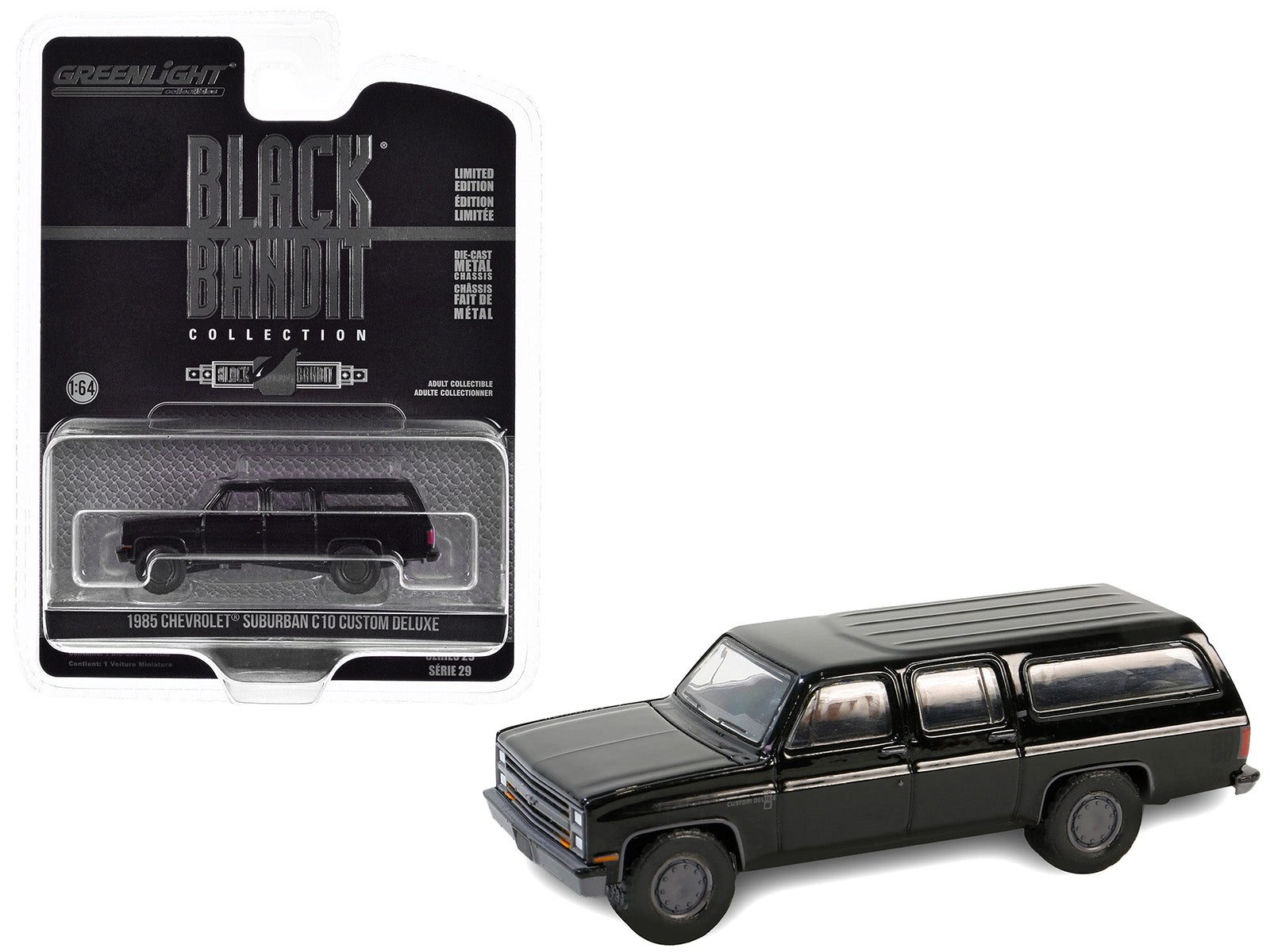 Brand new 1/64 scale diecast car model of 1985 Chevrolet Suburban C10 Custom Deluxe Black "Black Bandit" Series 29 die c