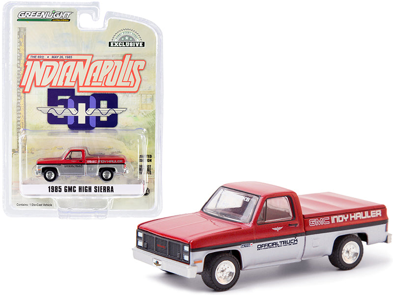 Brand new 1/64 scale diecast car model of 1985 GMC High Sierra Pickup Official Truck with Bed Cover Red Metallic and Silver 69th Annual Indi