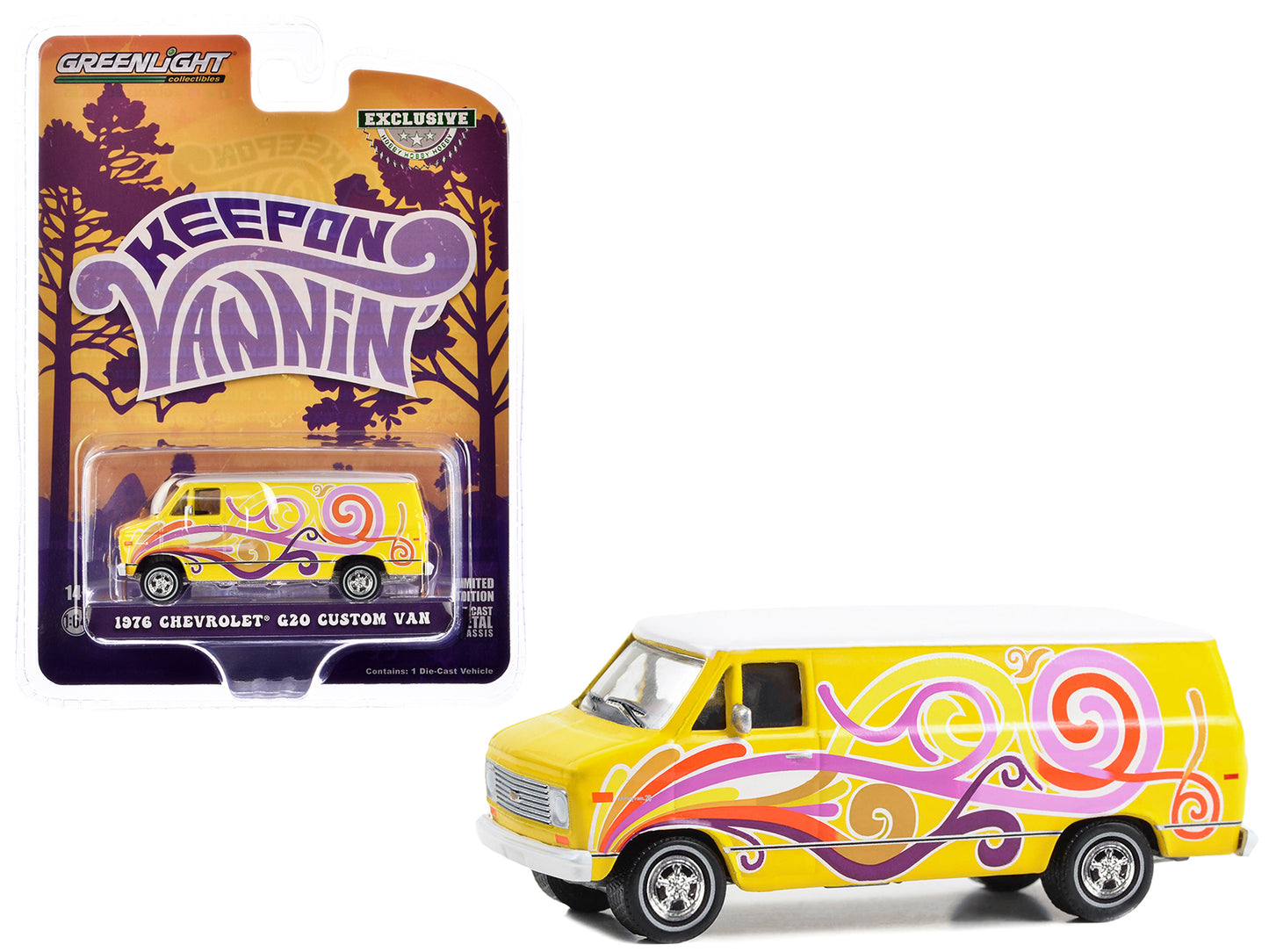 Brand new 1/64 scale diecast car model of 1976 Chevrolet G20 Custom Van Yellow with Graphics "Keep On Vannin'" "Hobby Ex