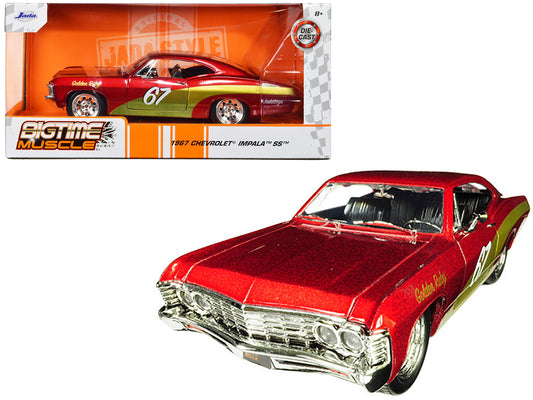 Brand new 1/24 scale diecast car model of 1967 Chevrolet Impala SS #67 "Golden Ruby" Red with Gold Stripes "Bigtime Musc