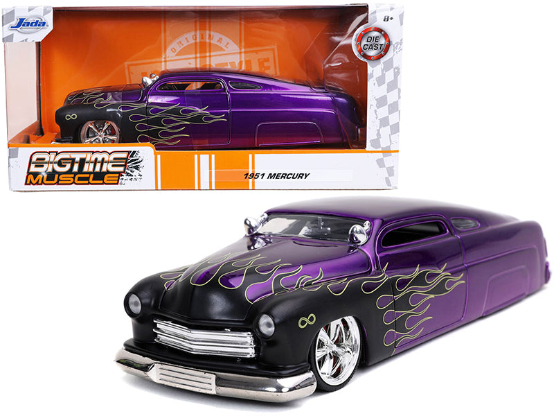 Brand new 1/24 scale diecast car model of 1951 Mercury Purple with Black Flames "Bigtime Muscle" die cast model car by J