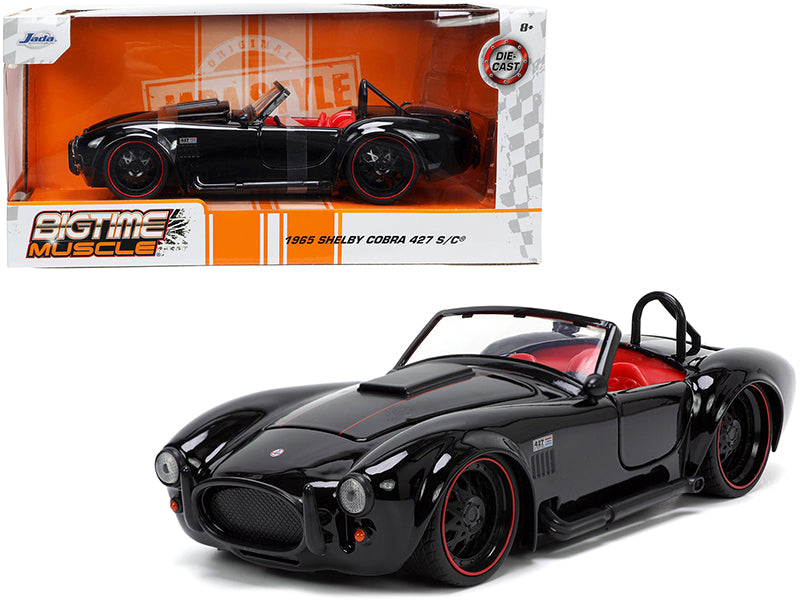 Brand new 1/24 scale diecast car model of 1965 Shelby Cobra 427 S/C Black with Matt Black and Red Stripes and Red Interi