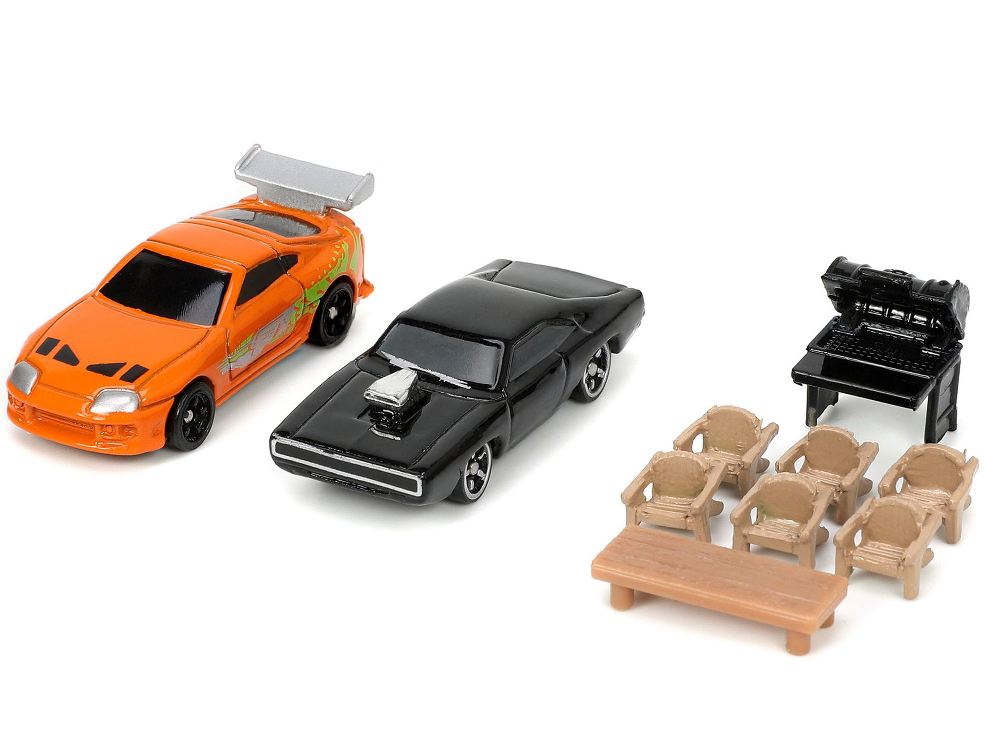 Brand new scale model of Toretto House Diorama with Dodge Charger Black and Toyota Supra Orange with Graphics "Fast and Furious" "Nano Scene