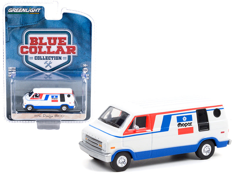 Brand new 1/64 scale diecast car model of 1976 Dodge B100 Van Mopar White with Red and Blue Stripes Blue Collar Collection Series 9 die cast