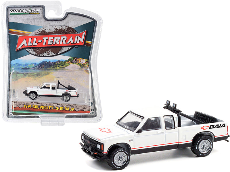 Brand new 1/64 scale diecast car model of 1991 Chevrolet S-10 Baja Extended Cab Pickup Truck White with Graphics All Terrain Series 12 die c