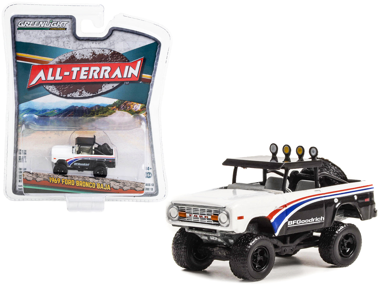 Brand new 1/64 scale model of 1969 Ford Bronco Baja Black and White with Stripes BFGoodrich All Terrain Series 13 die cast model by Greenlig