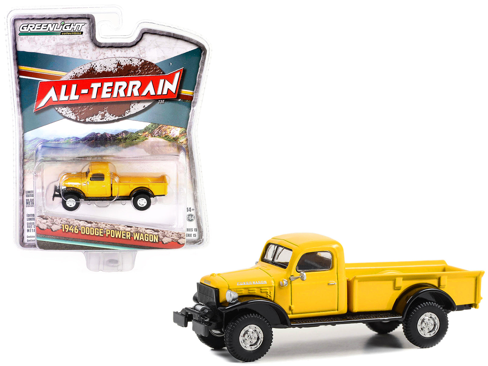 Brand new 1/64 scale diecast car model of 1946 Dodge Power Wagon Pickup Truck Construction Yellow and Black All Terrain Series 15 die cast m