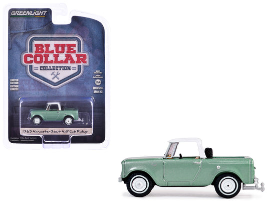 Brand new 1/64 scale diecast car model of 1965 Harvester Scout Half Cab Pickup Truck Aspen Green Metallic with White Top