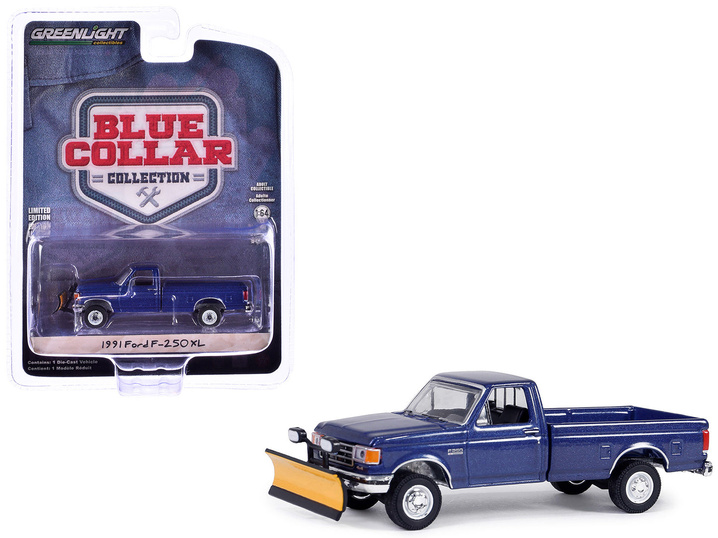 Brand new 1/64 scale diecast car model of 1991 Ford F-250 XL 4X4 Pickup Truck with Snow Plow Deep Shadow Blue Metallic "