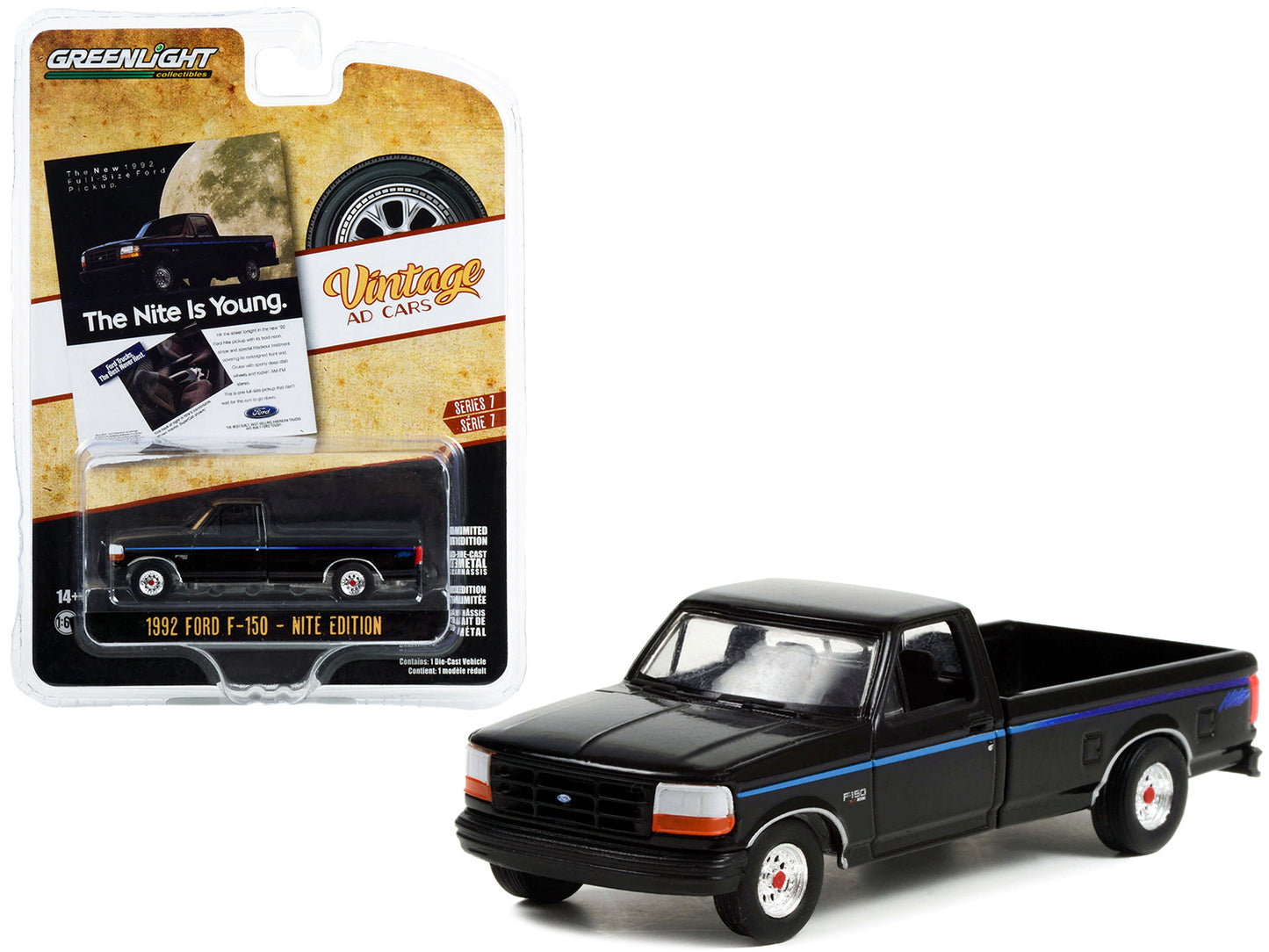 Brand new 1/64 scale diecast car model of 1992 Ford F-150 Nite Edition Pickup Truck Black with Blue Stripes The Nite Is Young Vintage Ad Car