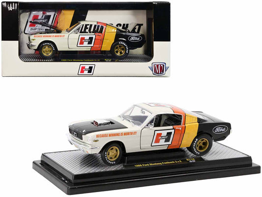 Brand new 1/24 scale diecast car model of 1966 Ford Mustang Fastback 2+2 Off White and Black with Red and Yellow Stripes