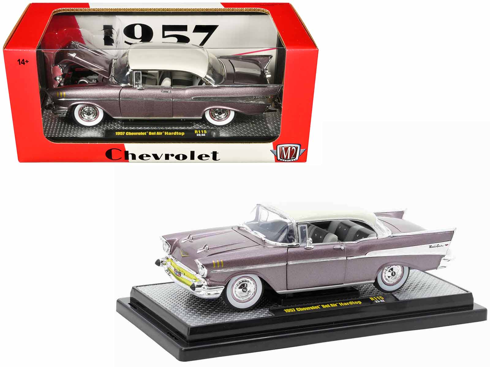 Brand new 1/24 scale diecast car model of 1957 Chevrolet Bel Air Hardtop Purple Metallic with Crean Top Limited Edition 