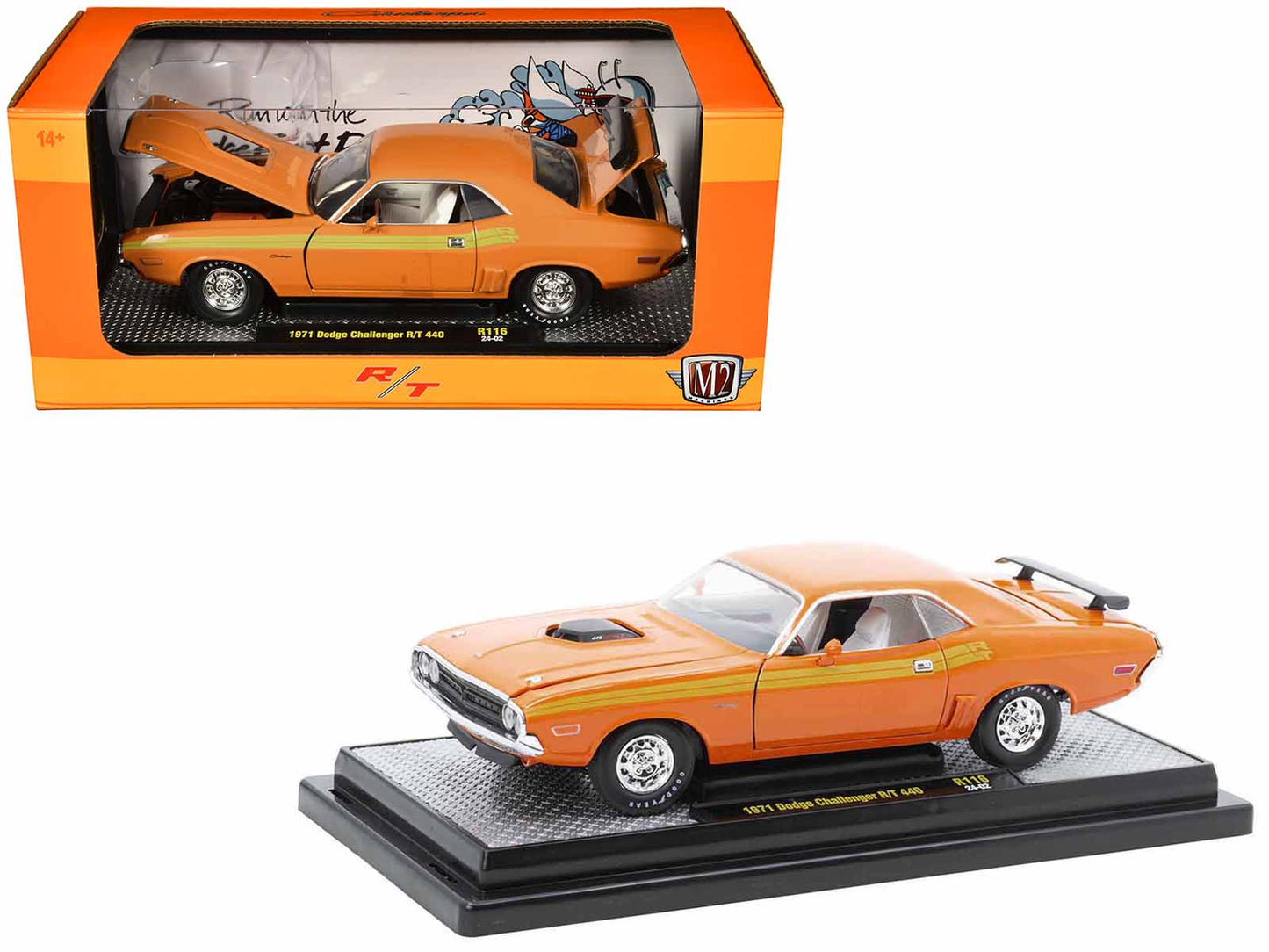 Brand new 1/24 scale diecast car model of 1970 Dodge Challenger R/T 440 Orange with Yellow Stripes and White Interior Li