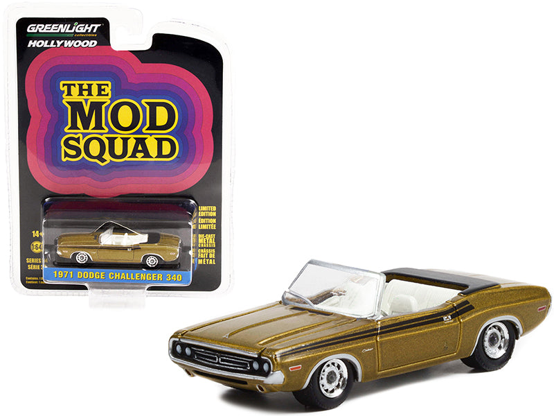 Brand new 1/64 scale diecast car model of 1971 Dodge Challenger 340 Convertible Gold Metallic with Black Stripes The Mod Squad 1968-1973 TV 