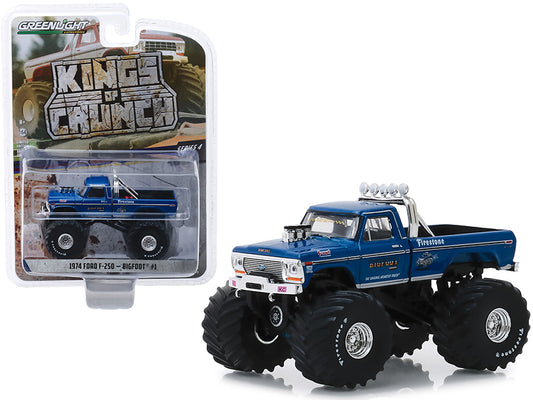 Brand new 1/64 scale diecast car model of 1974 Ford F-250 Monster Truck "Bigfoot #1" with 66-Inch Tires Blue (Clean Vers