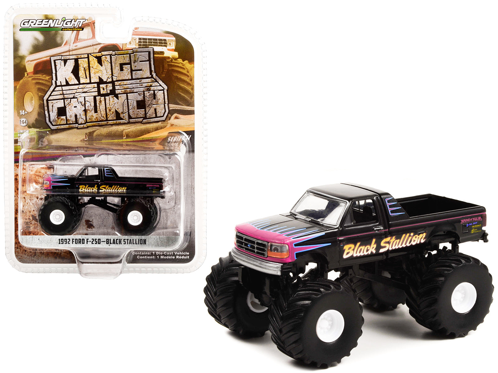 Brand new 1/64 scale diecast car model of 1992 Ford F-250 Monster Truck Black Black Stallion Kings of Crunch Series 11 die cast model car by