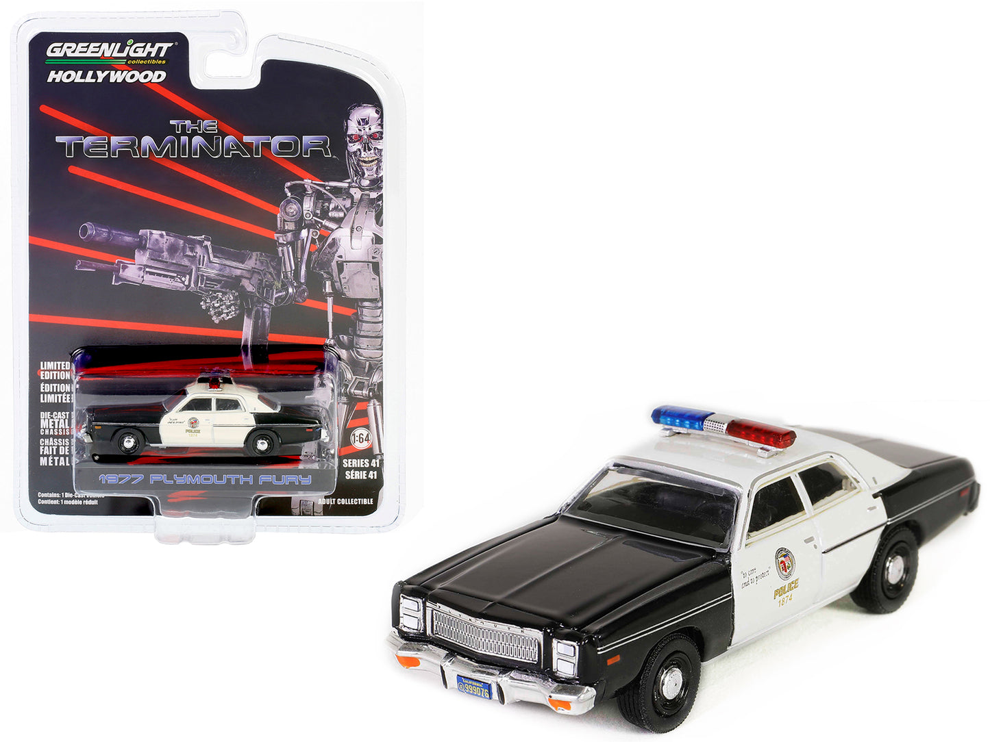 Brand new 1/64 scale diecast car model of 1977 Plymouth Fury Black and White "Metropolitan Police" "The Terminator" (198