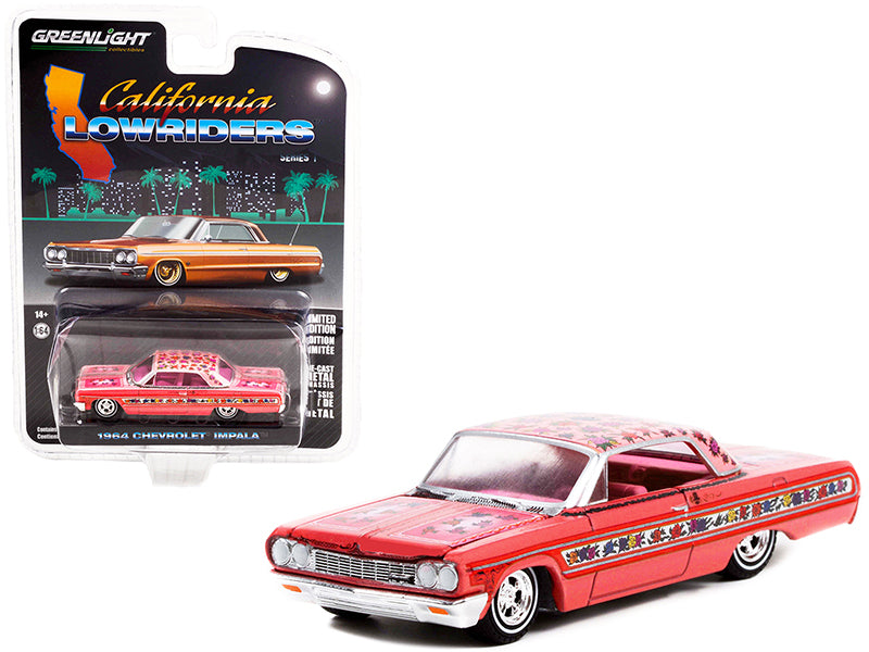 Brand new 1/64 scale diecast car model of 1964 Chevrolet Impala Lowrider Pink Metallic with Rose Graphics and Pink Interior California Lowri