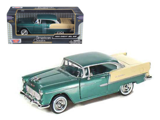 Brand new 1/24 scale diecast car model of 1955 Chevrolet Bel Air Green die cast car by Motormax.
Brand new box.
Real rubber tires.
True-t