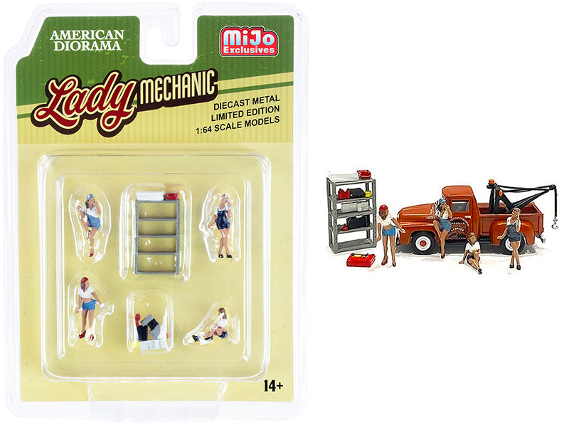 Brand new 1/64 scale diecast models of "Lady Mechanic" 6 piece Diecast Set (4 Figurines and 2 Accessories) for 1/64 scale models by American