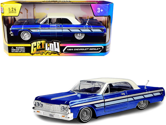 Brand new 1/24 scale diecast car model of 1964 Chevrolet Impala Lowrider Hard Top Candy Blue Metallic with Cream Top Get Low Series die cast