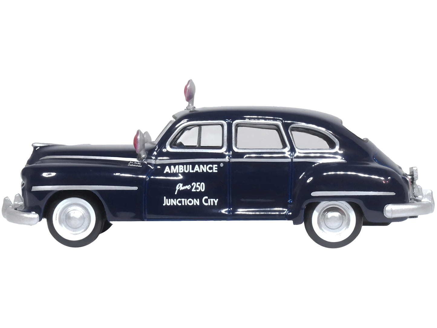 Brand new 1/87 scale diecast car model of 1946 DeSoto Suburban Ambulance Dark Blue "Junction City Ambulance" die cast mo