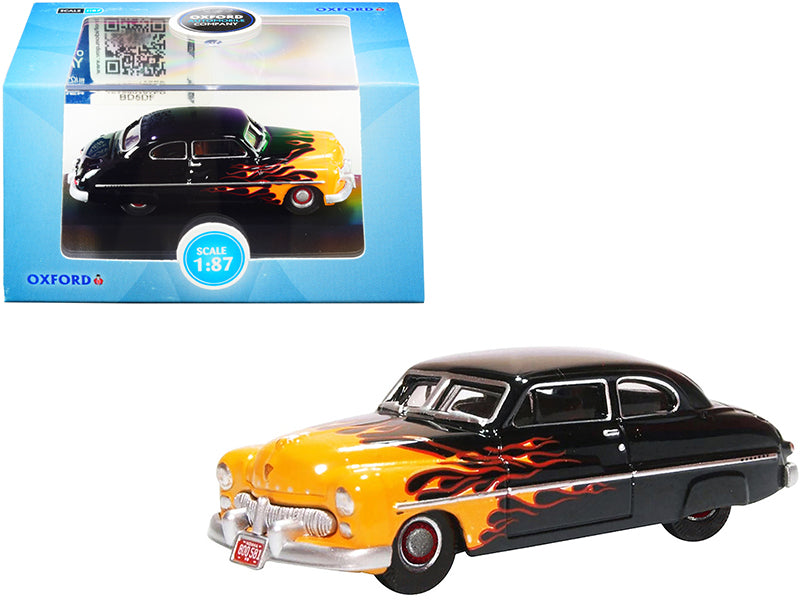 Brand new 1/87 scale diecast car model of 1949 Mercury Coupe "Hot Rod" Black and Yellow with Flames die cast model car b