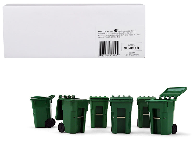 Brand new 1/34 scale models of Set of 6 Green Garbage Trash Bin Containers Replica by First Gear.
Brand new box.
Have opening lids.
Sturd