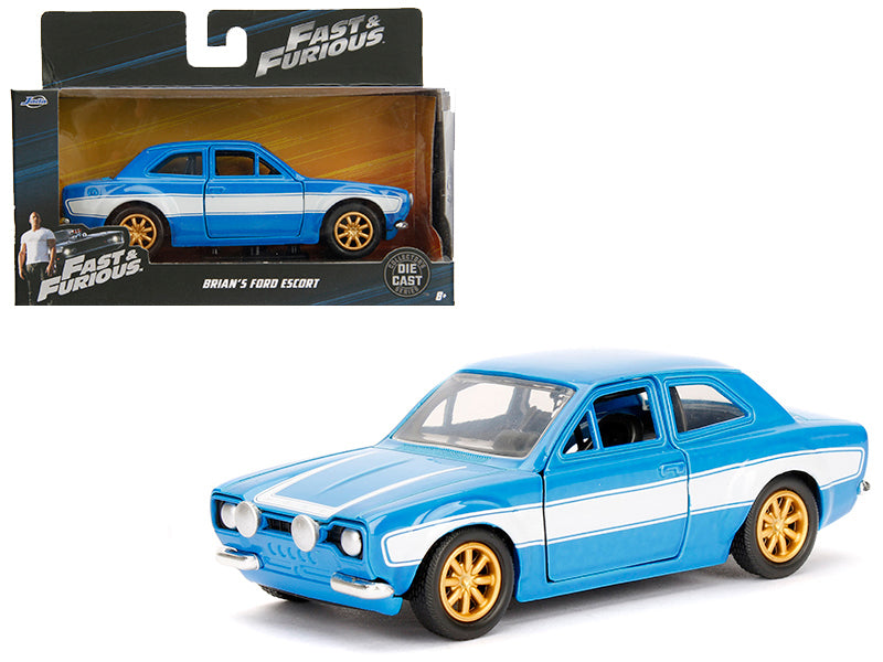 Brand new 1/32 scale diecast car model of Brian's Ford Escort Light Blue with White Stripes Fast Furious Movie die cast model car by Jada.
