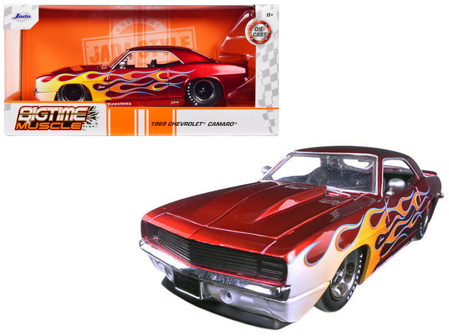 Brand new 1:24 scale diecast model car of 1969 Chevrolet Camaro Red with Flames die cast car model by Jada.
Rubber tire